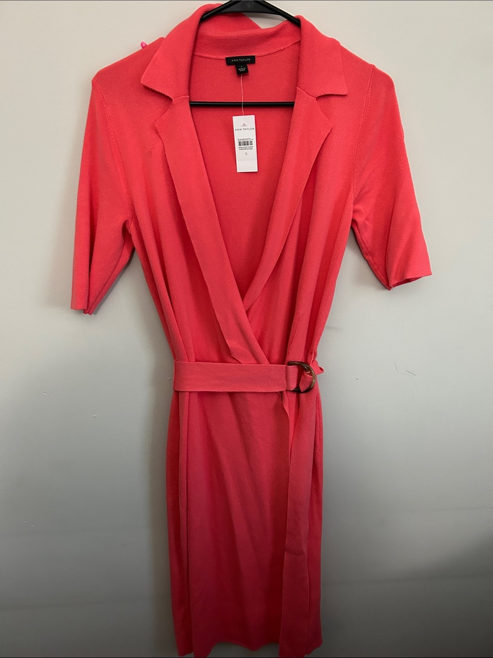 Ann Taylor Coral Wrap-Style Midi Dress with Belt